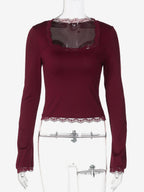 Lace Edge Square Neck Flare Sleeve Slim Basic Long Sleeve Top