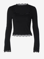 Lace Edge Square Neck Flare Sleeve Slim Basic Long Sleeve Top