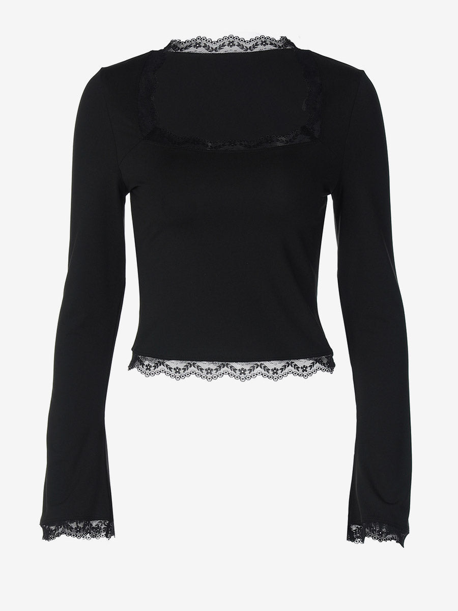 Lace Edge Square Neck Flare Sleeve Slim Basic Long Sleeve Top