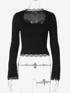 Lace Edge Square Neck Flare Sleeve Slim Basic Long Sleeve Top