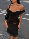 Crop Top Off-the-Shoulder Ruffle Sheer Mesh Peplum Top