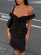 Crop Top Off-the-Shoulder Ruffle Sheer Mesh Peplum Top