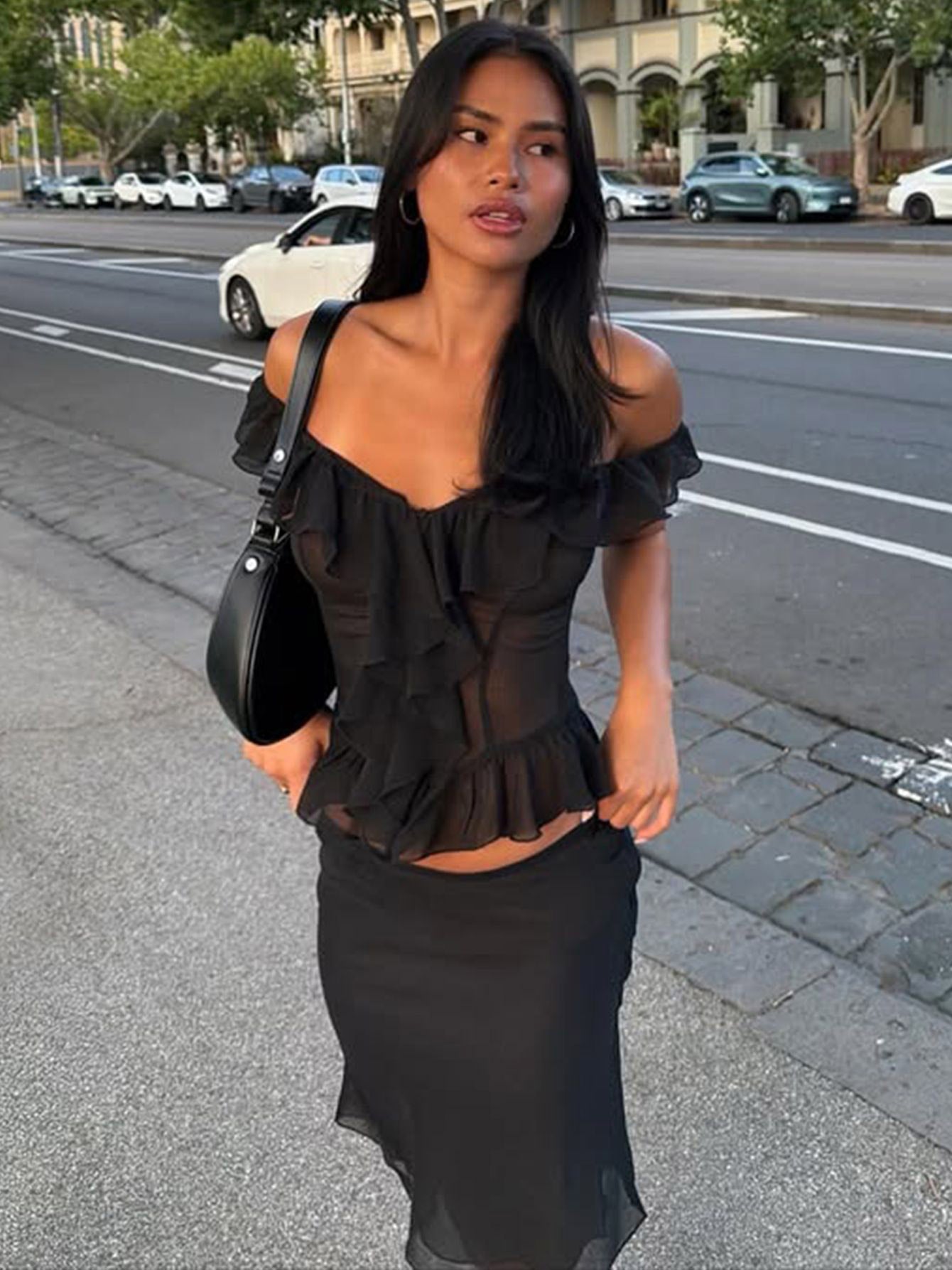 Crop Top Off-the-Shoulder Ruffle Sheer Mesh Peplum Top