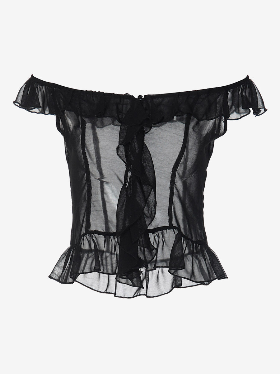 Crop Top Off-the-Shoulder Ruffle Sheer Mesh Peplum Top