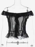 Crop Top Off-the-Shoulder Ruffle Sheer Mesh Peplum Top