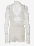Women Mesh Lace 2 Piece Cover Up Set Long Sleeve Wrap Top Shorts Beach Outfit
