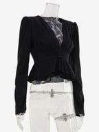 Satin Deep V Puff Shoulder Ruffle Hem Cropped Blouse Long Sleeve Slim Top