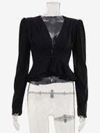 Satin Deep V Puff Shoulder Ruffle Hem Cropped Blouse Long Sleeve Slim Top