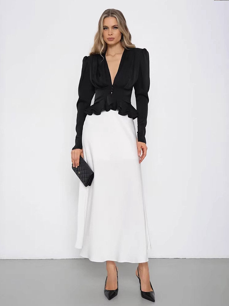 Satin Deep V Puff Shoulder Ruffle Hem Cropped Blouse Long Sleeve Slim Top