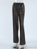 Elastic Waist Drawstring Faux Leather Wide Leg Pants