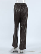 Elastic Waist Drawstring Faux Leather Wide Leg Pants