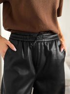 Elastic Waist Drawstring Faux Leather Wide Leg Pants