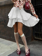 Elastic Waist Asymmetrical Lace Trim Tiered Mini Skirt