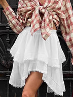 Elastic Waist Asymmetrical Lace Trim Tiered Mini Skirt