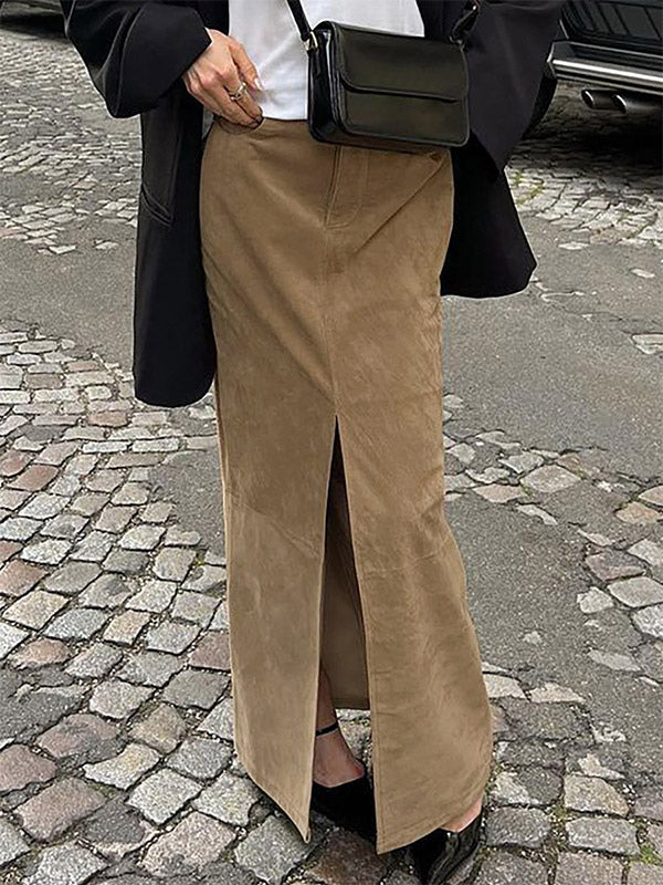 Vintage Khaki Faux Suede Front Slit High Waist Maxi Skirt