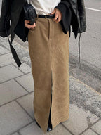 Vintage Khaki Faux Suede Front Slit High Waist Maxi Skirt