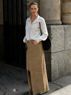 Vintage Khaki Faux Suede Front Slit High Waist Maxi Skirt