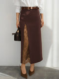 Lace Inner Front Slit High Waist Straight Midi Skirt