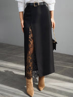 Lace Inner Front Slit High Waist Straight Midi Skirt