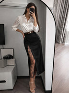 Lace Inner Front Slit High Waist Straight Midi Skirt