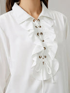 Ruffle Lace-Up Lapel Puff Long Sleeve Blouse