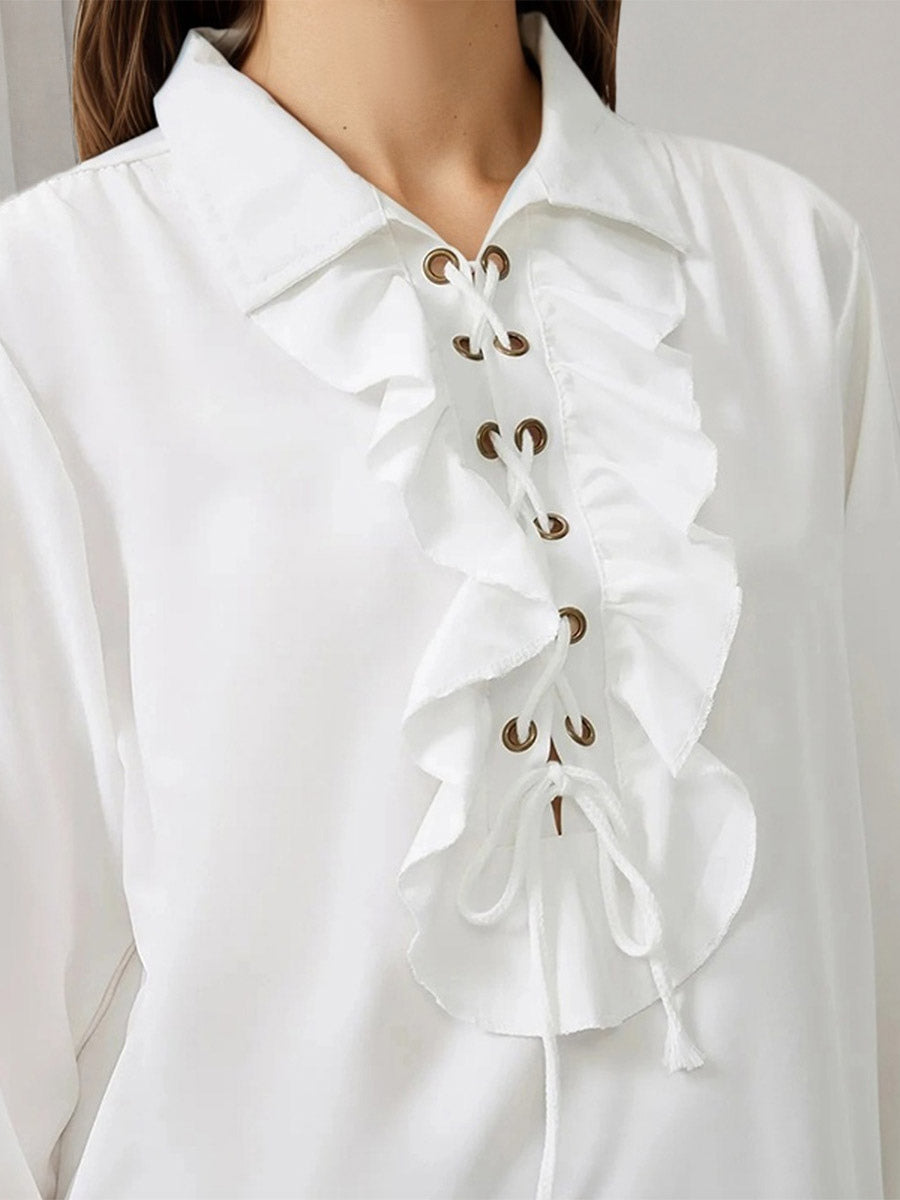 Ruffle Lace-Up Lapel Puff Long Sleeve Blouse