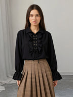 Ruffle Lace-Up Lapel Puff Long Sleeve Blouse