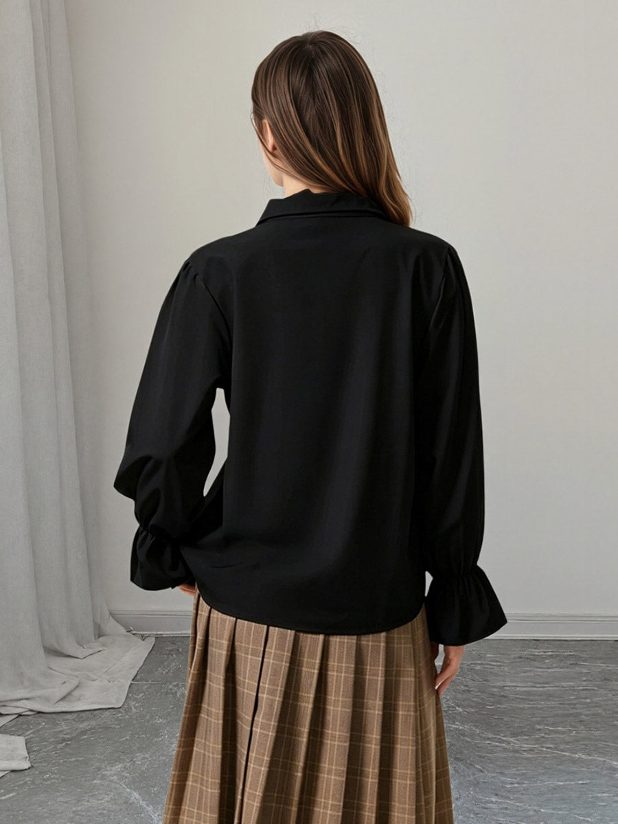Ruffle Lace-Up Lapel Puff Long Sleeve Blouse