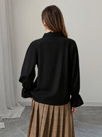 Ruffle Lace-Up Lapel Puff Long Sleeve Blouse
