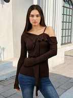 Women Off Shoulder Ruffle Tie Long Sleeve Slim Top Spaghetti Strap Blouse