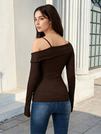 Women Off Shoulder Ruffle Tie Long Sleeve Slim Top Spaghetti Strap Blouse