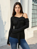 Women Off Shoulder Ruffle Tie Long Sleeve Slim Top Spaghetti Strap Blouse