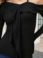 Women Off Shoulder Ruffle Tie Long Sleeve Slim Top Spaghetti Strap Blouse