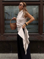 Women Asymmetric One Shoulder Sleeveless Top Side Ruched Draped Sash Blouse