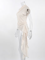 Women Asymmetric One Shoulder Sleeveless Top Side Ruched Draped Sash Blouse