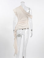 Women Asymmetric One Shoulder Sleeveless Top Side Ruched Draped Sash Blouse
