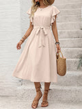 Vacation Dress Crew Neck Flutter Sleeve Flowy Summer Casual Midi Sundress