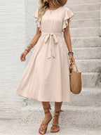 Vacation Dress Crew Neck Flutter Sleeve Flowy Summer Casual Midi Sundress