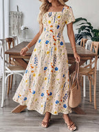 Vacation Sundress Maxi Square Neck Short Sleeves Floral Print Flowy Dress