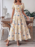 Vacation Sundress Maxi Square Neck Short Sleeves Floral Print Flowy Dress