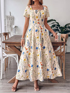 Vacation Sundress Maxi Square Neck Short Sleeves Floral Print Flowy Dress