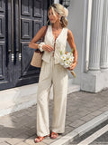 Women Striped Sleeveless V Neck Tie Front Vest Wide Leg Pants 2 Piece Linen Set
