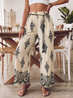 Pants Apricot Lace Up Raised Waist Printed Trousers