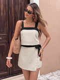 Contrast Trim Sling Crop Top Wrap Skort 2 Piece Linen Blend Vacation Outfit Set