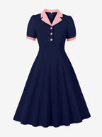 1950s Vintage Lapel Collar Swing Dress Puff Short Sleeve Button Retro Rockabilly Dress