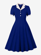 1950s Vintage Lapel Collar Swing Dress Puff Short Sleeve Button Retro Rockabilly Dress