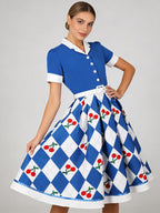 1950s Vintage Fruit Print Swing Dress Contrast Collar Puff Sleeve Belted Midi Dress