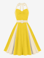 Yellow Halter Neck Vintage Swing Dress Contrast White Belt 50s Retro Rockabilly Dress