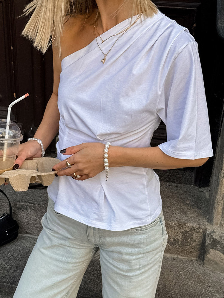 T-Shirt Asymmetrical One Shoulder Ruched Half Sleeve Top