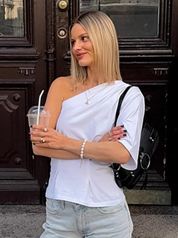 T-Shirt Asymmetrical One Shoulder Ruched Half Sleeve Top